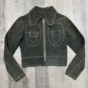VTG 1970s Green Suede Cropped Western Hippie Flap Pocket Leather Boho Jacket S